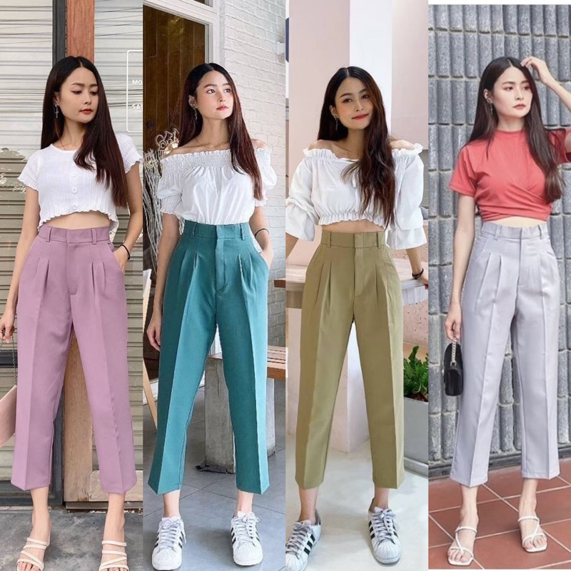 กางเกงเอวสูงขายาว8ส่วนทรงบอยเก็บทรงสวยใสสบายอำพรางต้นขาS-XL