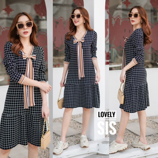 🌈🌿🌺🌸🌼🤎🧡🇰🇷 Checker Pattern Long Sleeve Bow Dress