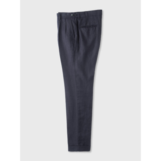 [JBB*] NAVY BLUE ITALIAN LINEN HERRINGBONE PLEATED TROUSERS WITH EXTENDED WAISTBAND เจบีบี กางเกงขายาว กางเกงขายาวสองจีบ