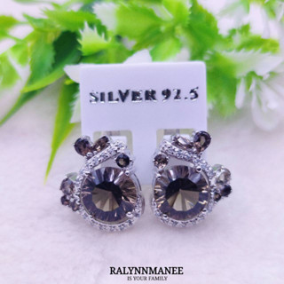 P6429 ต่างหูพลอยสโมกกี้ควอตซ์แท้ ( Smoky Quartz ) แบบอิงลิชล็อค ตัวเรือนเงินแท้ 925 ชุบทองคำขาว