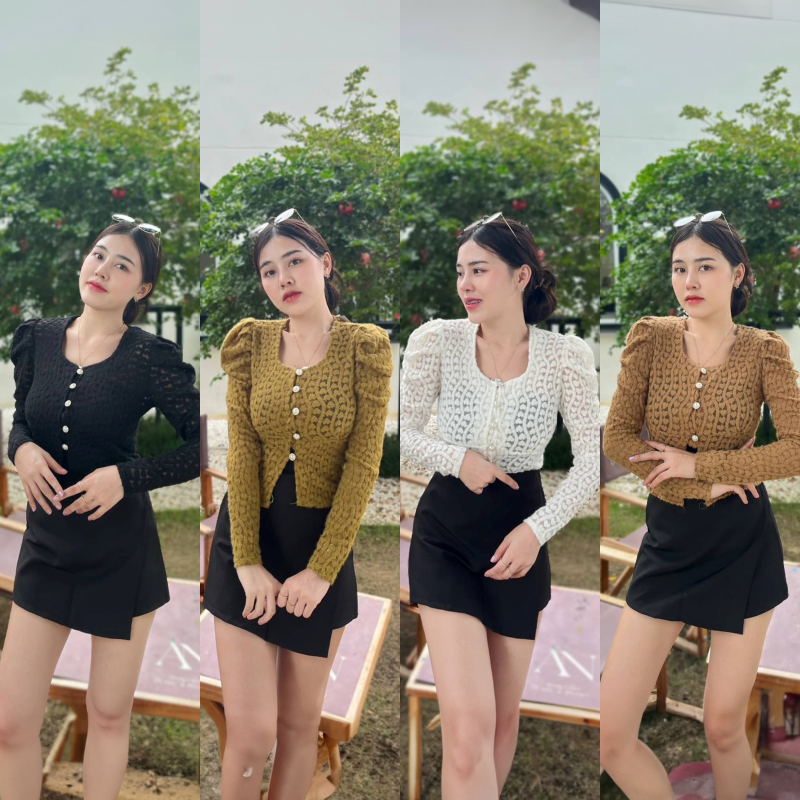 🌈 SpinnyHouse 🌈 เสื้อลูกไม้ แขนยาว แต่งลายคลื่น 🎒 แต่งทอลายหัวใจ รุ่น มนตรา B-029-4-B