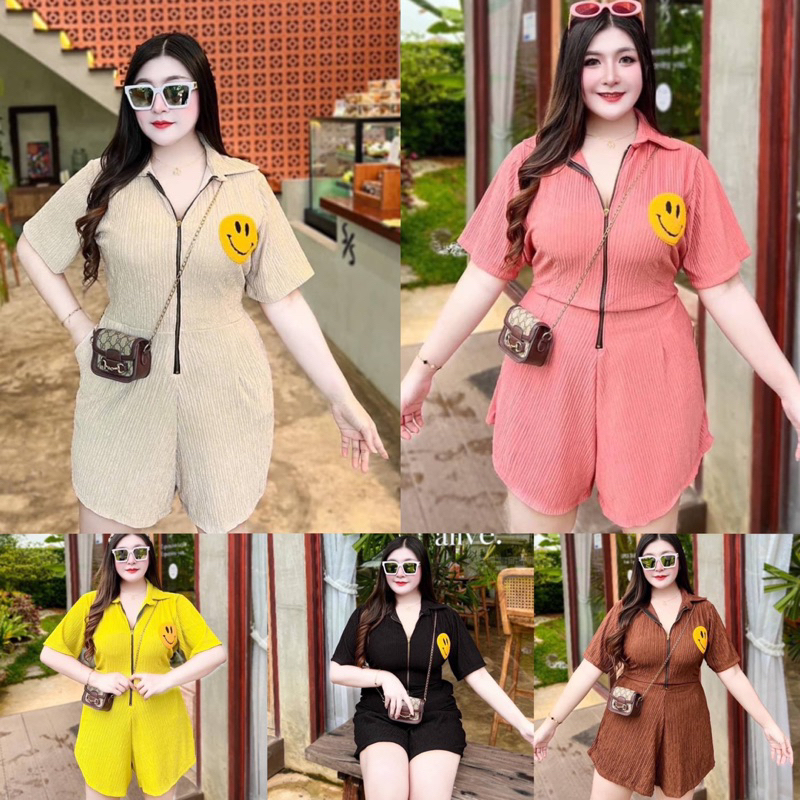p3-s4j1 งานจั้มสาวอวบมาใหม่จ้า  💗~Jumpsuit bigsize ~ แต่งคอปกเรียบ ๆ แต่งรูปยิ้มน่ารักสดใส 🏝️ มีซิปร
