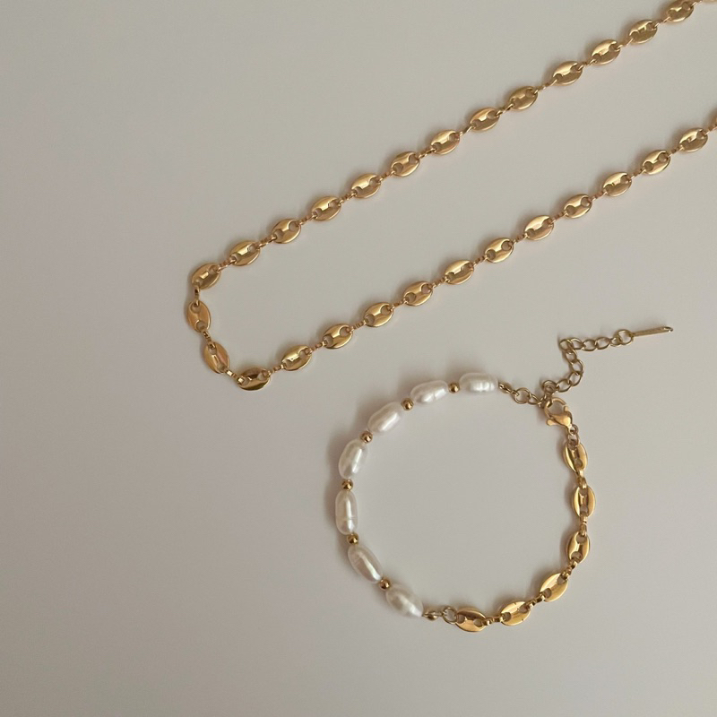 shellandgold - เซ็ทสร้อย้อยคอ และข้อมือมุกน้ำจืดแท้ประดับโซ่ วัสดุเป็นสแตนเลส มีให้เลือก 2 สี