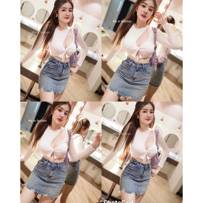 🎊mnv_shop🎊minicop มินิครอปแขนยาวปาดอก ผ้าเรย่อน ทรงสวย ผ้ายืดได้เยอะ ใส่สบาย แมทร์ง่ายๆได้หลายรุก(EA0)