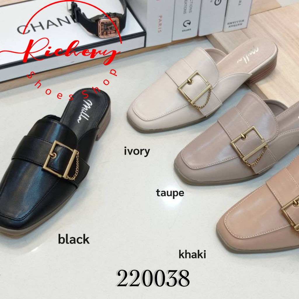 New!!!! รองเท้าพรีเมี่ยม ส้นสูง 1 นิ้ว รุ่น 220038 รองเท้าแฟชั่นดีไซน์เก๋ เปิดส้น ประดับโลหะทอง