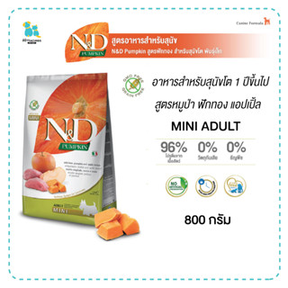 Farmina N&amp;D อาหารสุนัข สุนัขโตพันธุ์เล็ก Mini adult 800กรัม สูตรหมูป่า ฟักทอง แอปเปิ้ล Grainfree ลดความเสี่ยงภาวะอ้วน