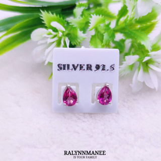 BA031 ต่างหูพลอยพิงค์โทพาซแท้ ( Pink Topaz ) แบบก้านเสียบ ตัวเรือนเงินแท้ 925 ชุบทองคำขาว