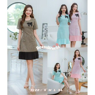 DW1034- DRESS WORLD - 1034 เดรสปลายพีชแต่งกระดุม+โบว์(ทักแชทเช็คสต็อคสินค้าก่อนสั่งซื้อ)