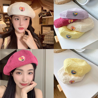 หมวกเบเรต์ผ้าย่น ปักหัวใจดอกไม้ มี 4 สี