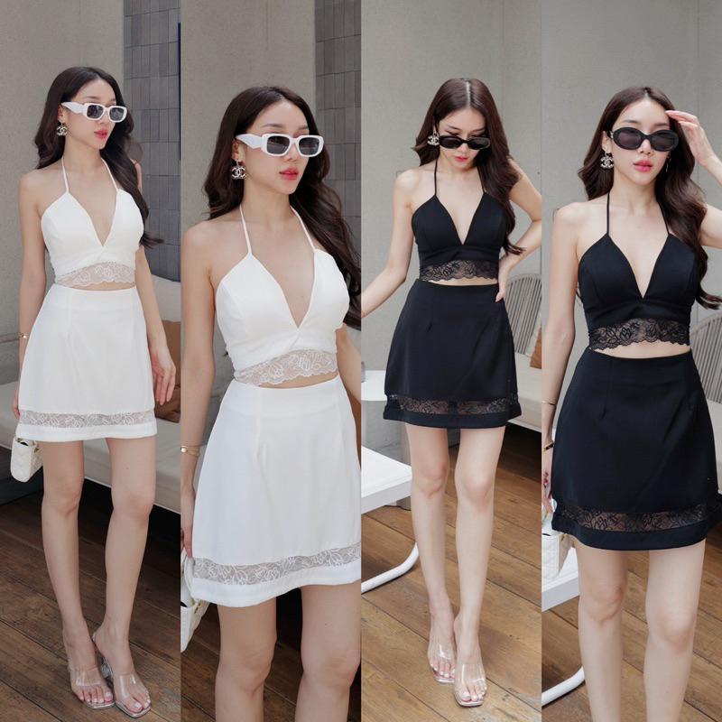 Set2ชิ้น เสื้อสายเดี่ยวผูกหลังแต่งด้วยลายลูกไม้+กระโปรงสั้นเข้าชุด ผ้าดีมาก ชุดเซกซี่ ป้าย hilook by