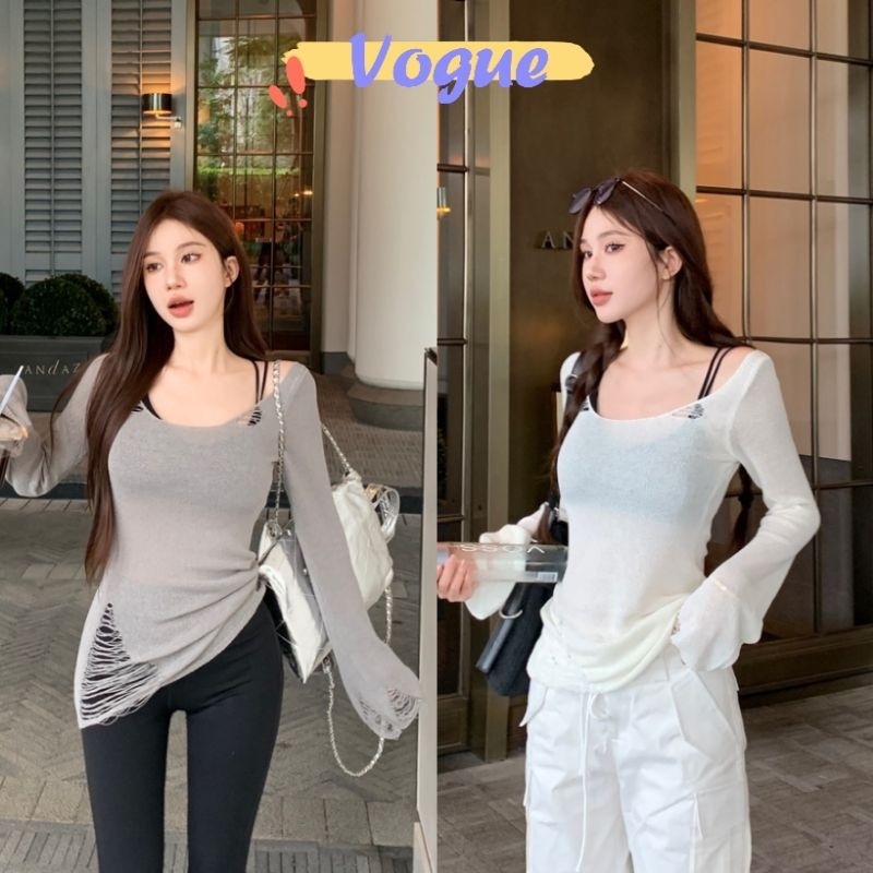 Vogue🌟พร้อมส่ง🌟 เสื้อไหมพรมแขนสั้น ซีทรูเบาๆ ขาดๆเท่ๆ (44172) -C