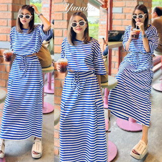 Striped Skirt Style Set  เซทเสื้อคอกลมแขนสั้น ดีเทลใส่เชือกรูดเอวได้ ทรง oversize เข้าเซทมากับกระโปรงทรงเอ