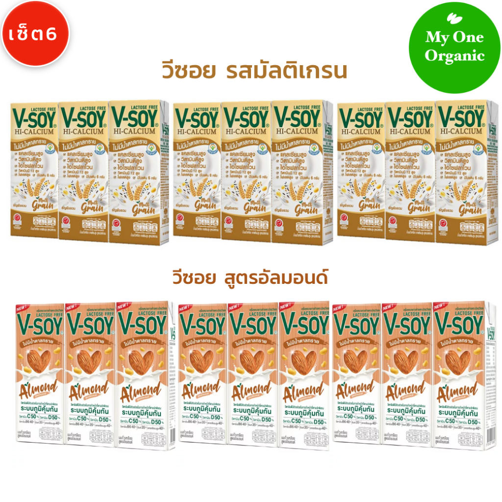 จัดให้คละรส My1organic เซ็ต 6 V-Soy นมถั่วเหลืองแคลเซียมสูง รสมัลติเกรน 3 แพ็ค สูตรอัลมอนด์ 3 แพ็ค