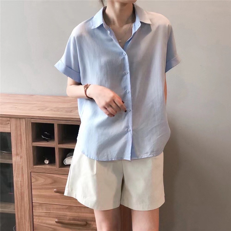 เชิ้ตผ้าแขนพับ ผ้าซิลด์ซาติน ยับยาก ใส่สบาย งานพรีเมี่ยมแบรนด์wanwan clothing