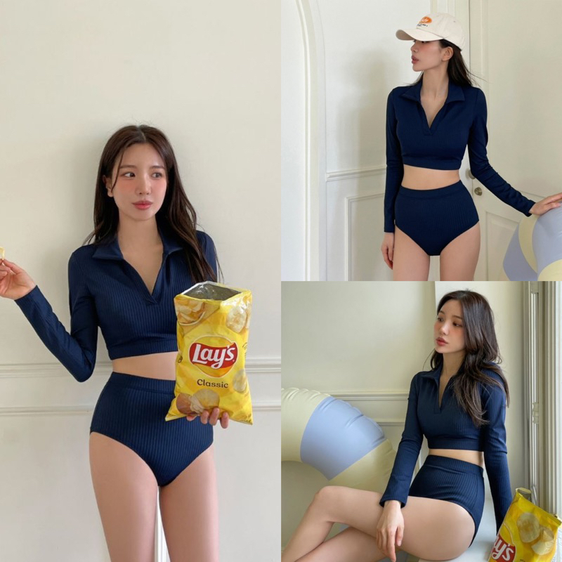 พร้อมส่งจากไทย บิกินี่ ชุดว่ายน้ำNavy blue set ทูพีชแขนยาวคอปก มี2สีสีกรม สีขาว