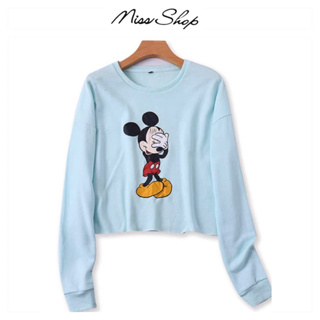 เสื้อครอป แขนยาว สีฟ้าอ่อน ลายมิคกี้  ♣️เสื้อ MICKEY MOUSE 🖤แบรนด์ ❣️Miss shop❣️ (TS129)