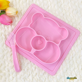 Nuebabe ชุดจานซิลิโคนฐานสุญญากาศ Silicone Suction Baby Plate with Spoon รุ่น BB0003