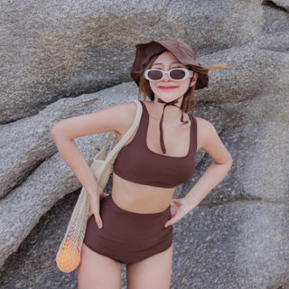 ( 018 ) Brown Set ชุดว่ายน้ำ two piece เซ็ทหมวก