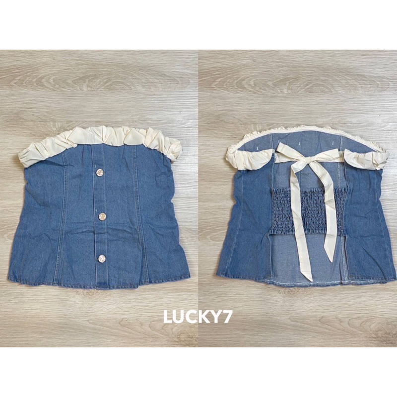 BY IRA Whippingcream Denim tube top  (23105) เกาะอกยีนส์แบบบางสม็อคหลัง เข้ากับทุกการแต่งกาย แฟชั่นฤดูร้อน สไตล์ใหม่ - รูปที่ 6