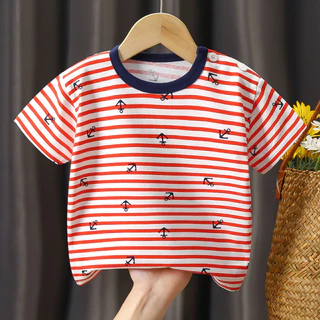 Babyonline(Y319)L3 (โปรลับลูกค้าใหม่ 1.- ส่งด่วน1วัน)เสื้อยืดคอกลมสำหรับเด็กแขนสั้นแบบมีกระดุม ผ้าฝ้าย นิ่ม ใส่สบาย