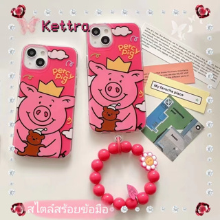 💜Kettra💜สไตล์สร้อยข้อมือ สีชมพู การ์ตูน ลูกหมู iPhone 11 14 pro max ป้องกันการหล่น ขอบเต็ม case for iPhone 12 13