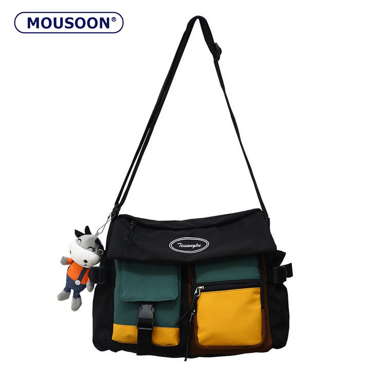 Mousoon กระเป๋ากันน้ํากระเป๋าสะพายเทรนด์ผ้าใบญี่ปุ่นย้อนยุคเรียบง่าย (ไม่มีจี้)