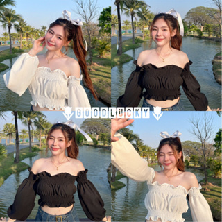 🌷GoodLucky🌷(Bubble)  ครอปแขนยาว สม็อคปาดไหล่ ทรงคุณหนู ผ้ามีดีเทล