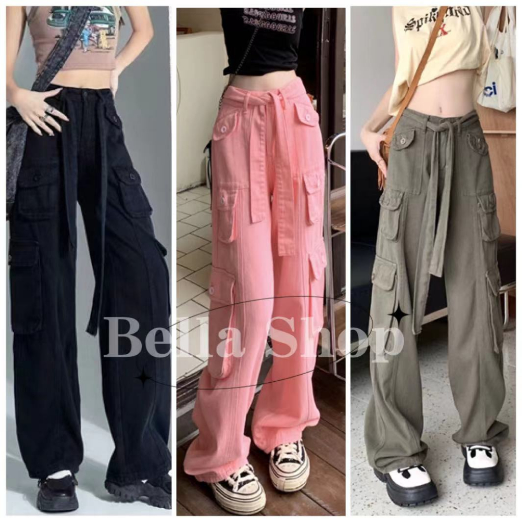 Bella กางเกง กางเกงลำลองวินเทจสีชมพูอเมริกัน, เอวสูง, กางเกงคาร์โก้หลายกระเป๋าตรง y2k พร้อมส่งจากกทม มาถึงใน 3-5 วัน