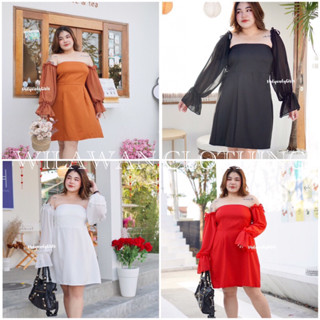 Plus size เดรสเกาะอกต่อแขนผ้าชีฟอง สม็อคด้านหลัง  ใส่เข้าทรงสวยมากค่า