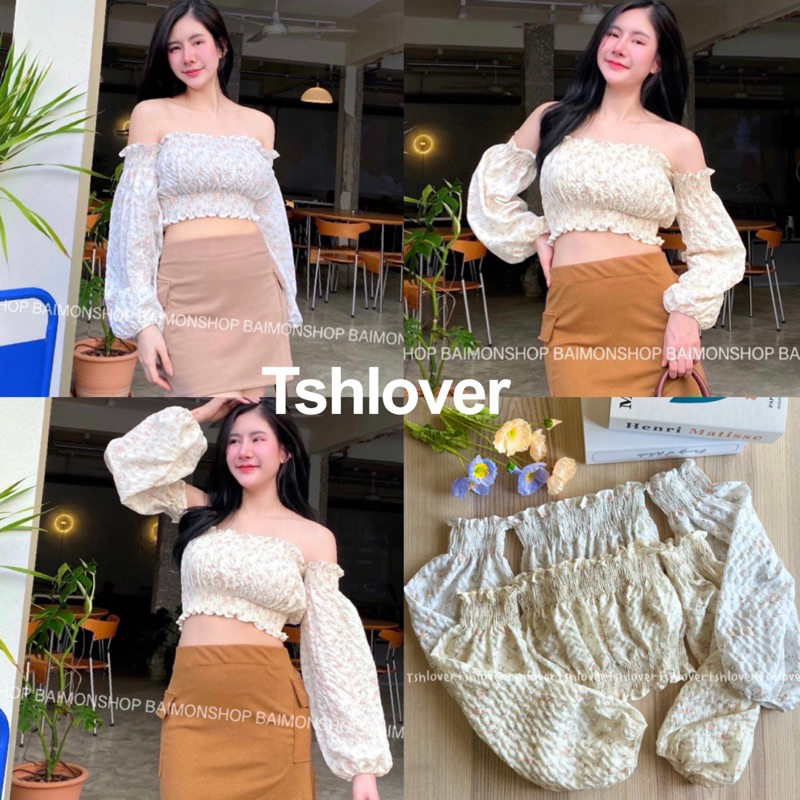 (VDO ลด50%)   🎉 เสื้อครอปปาดไหล่ ลายดอก ปาดไหล่แขนยาว