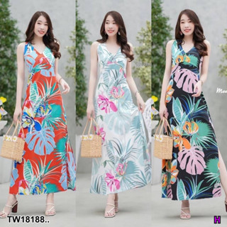 AK18188 Maxi dress คอวีลายใบไม้สุดชิค