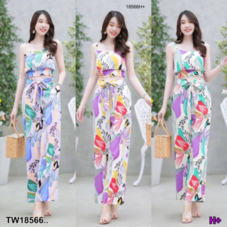 TW18566 Set 2 ชิ้น เสื้อครอปสายเดี่ยว+ กางเกงขายาว