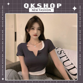 QKshop สินค้าใหม่🥰 เสื้อไหมพรม เสื้อครอปเกาหลี ทรงสวย🌈 เสื้อคอวีสีพื้น สี earth tone สุดฮิตในตอนนี้ ดีไซน์เก๋ไก๋ ไม่ซ้ำใ