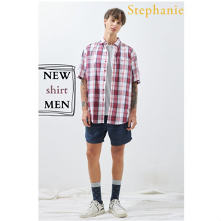 STEPHANIE เสื้อเชิ๊ตแขนยาวสีแดงลายทางผู้ชาย (OMSM4RE)