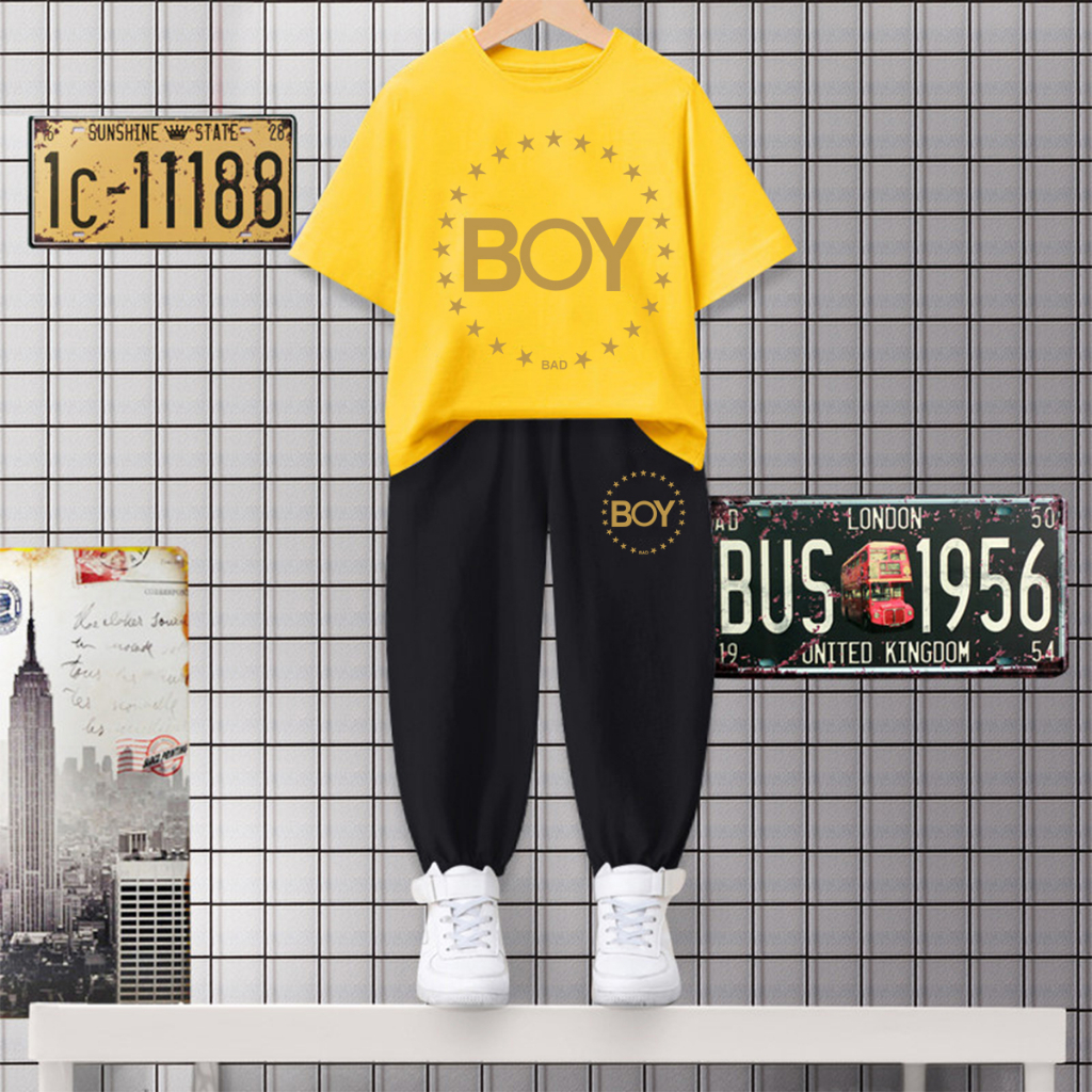 #H414+K414Bพร้อมส่ง ชุดเซ็ทเด็กเสื้อยืด+กางเกงขายาว ลายแฟชั่งการ์ตูน่ารัก ใส่ได้สบายทั้งเด็กชายและเด