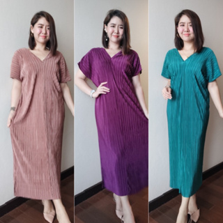 Maxidress Pleated ชุดเดรสยาวอัดพลีทแฟชั่นสาวอวบ แฟชั่นชุดพลีท ชุดใส่เที่ยวทะเล เดรสยาวFreesize b235 ซากุระพลีท ชุดออกงาน