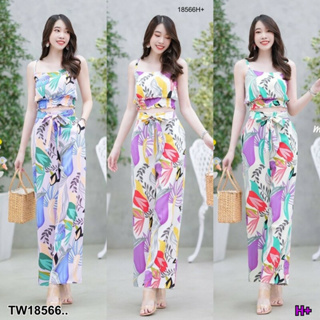 TT18566 set 2 ชิ้น เสื้อครอปสายเดี่ยวลายใบไม้ เอวจั้ม + กางเกงขายาวผูกโบว์เอว Set of 2 pieces. Crop top, singlet, leaf p