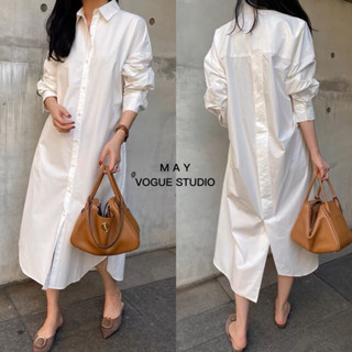 •• New ••  White shirt dress เดรสเชิ๊ตแขนยาว แต่งกระเป๋าคู่ จับจีบด้านข้าง ผ่าชายด้านหลังนิดๆ ใช้ผ้าคอตตอลเนื้อดี