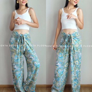 Hawaii pants กางเกงผ้าพิมพ์ลายขากระบอก ดีเทลมัดโบว์ช่วงเอว