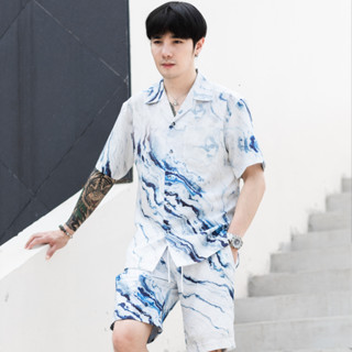 เสื้อเชิ้ตฮาวายแขนสั้นและกางเกงลายหินอ่อน(หินอ่อนบลูคลาวด์): Hawaii Blue Cloud  Marble Shirt (Short-Sleeve)