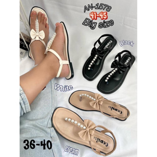 👠sz.41-45 รองเท้ารัดข้อแต่งโบว์+มุก เก๋ๆ