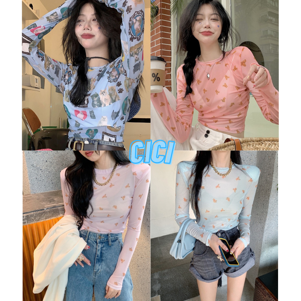 ส่งทันที Cici(NO. J370)เสื้อแขนยาวคอกลมซีทรูY2K สกรีนลายการ์ตูนน่ารักแซ่บๆ