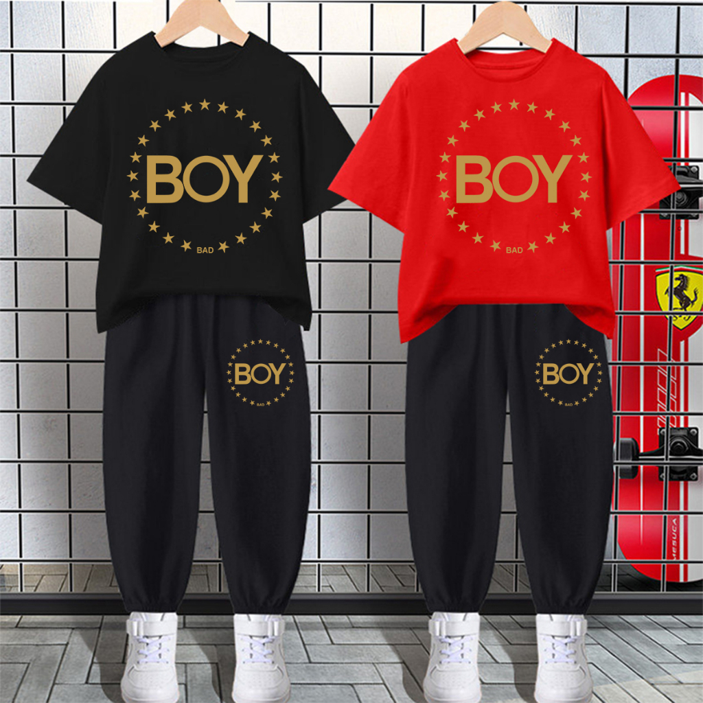 #H414+K414Bชุดเซ็ทเด็กเสื้อยืด+กางเกงขายาว ใส่ได้ทั้งเด็กชายและเด็กหญิง ลายสวยแฟชั่งนานาชาติ