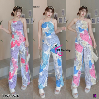 TT18576 Set 2 ชิ้น เสื้อสายเดี่ยวคล้องคอ โบว์ผูกหลัง + กางเกงขากระบอก พมพืลายกราฟฟิก