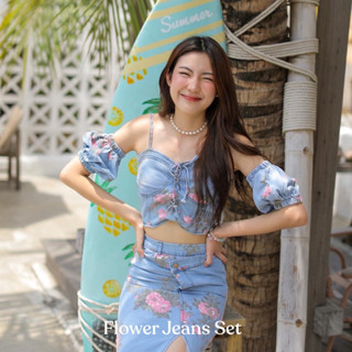 🔥ลด 120 ใช้โค้ด INCSM66🔥 Flower jeans set - เซตยีนส์กระโปรงลายดอกไม้