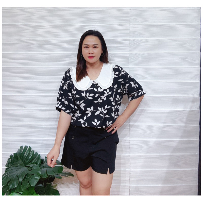 เสื้อสาวอวบคอปกบัวระบายพิมพ์ลวดลายใบไม้อก50”/พ010 ราคา ถูกที่สุด ดีลบีเคเค แกลเลอรีภาพที่ 6