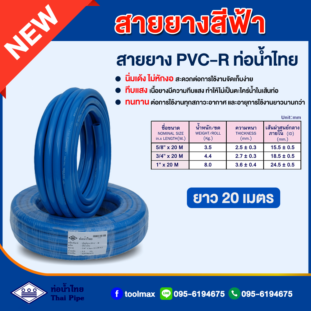 สายยางสีฟ้า ท่อน้ำไทย THAI PIPE ขนาด 5/8"(5หุน) , 3/4"(6หุน) , 1"(1นิ้ว) ความยาว 20 เมตร