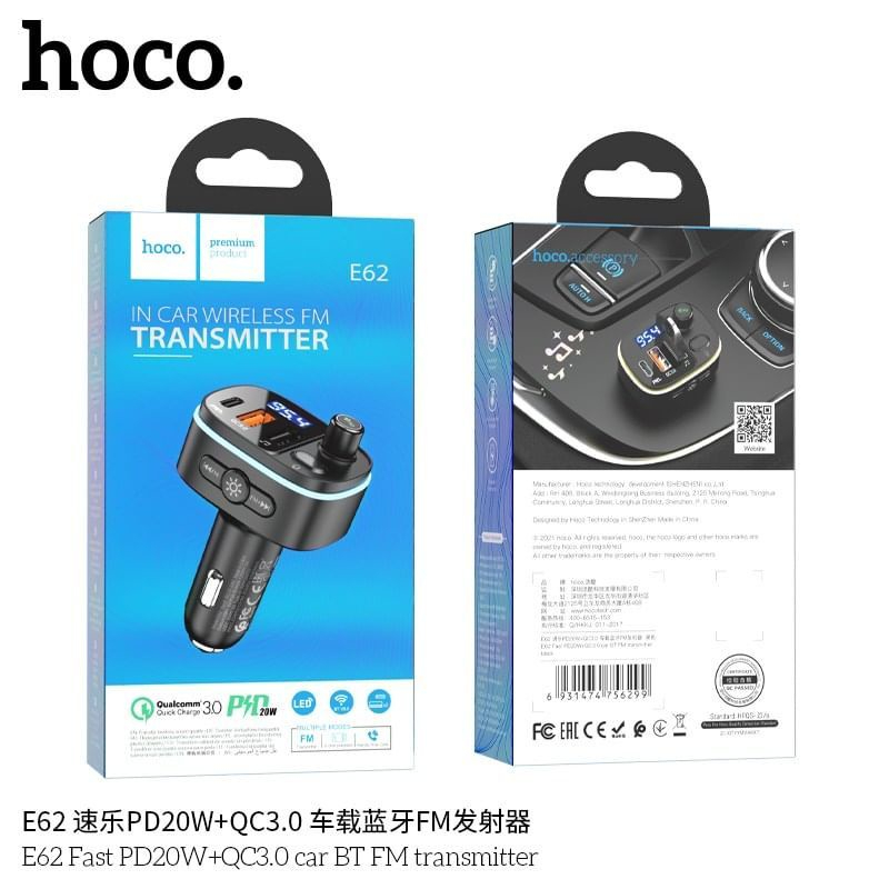 (ของแท้100%) บลูทูธในรถยนต์ Hoco E62 Bluetooth5.0 Car Kit FM Transmitter PD20W + QC 3.0 display LED 89