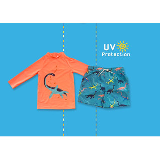 ✅ [4-8Y] Dino  2 Pc Swim Set With Hat UV Protection ชุดว่ายน้ำเด็ก ไดโนเสาร์ ป้องกันแสงแดด