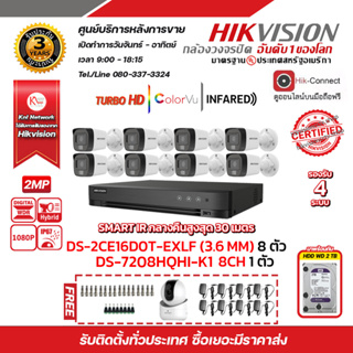 HIKVISION ชุดกล้องวงจรปิด2MP (1080P) DS-2CE16D0T-EXLF LENS 3.6 MM 8 ตัว เครื่องบันทึก 8 ช่อง DS-7208HQHI-K1(S)1ตัว